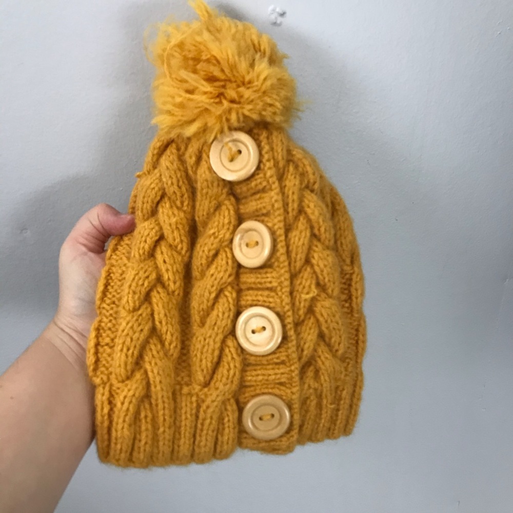 Novica Cable Knits Alpaca blend Hat Buttons Mustard Yellow